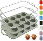 2 Packs 12 Cups Silicone Muffin Pan with Metal Reinforced Frame Regular Size Cupcake Pan Tray Egg Bites Silicone Circle Cookie Molds Muffin Tin Tart Pans Baking Sheet Set for Breakfast Sandwiches
