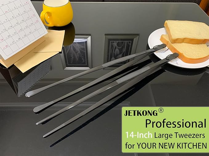 JETKONG 2 Pcs 14-Inch Food Tweezer Tongs Extra Long Stainless Steel Kitchen Tweezer Cooking Tweezers (Black)