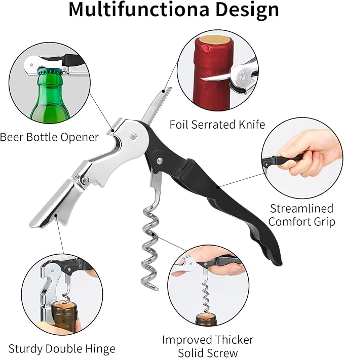 2 PCS Waiter Corkscrew Wine Opener,Upgraded Heavy Duty Wine Keys,Stainless Steel Double Hinged Wine Key for Serves,Bartenders(Black)