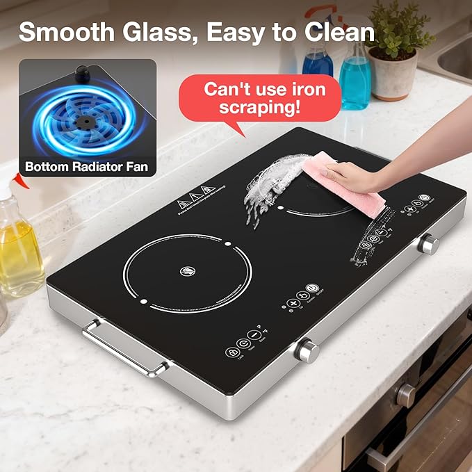 4000w Electric Cooktop 2 Burners, 23'' Electric Stove Top 110v with Plug in, GTKZW Knob Control Countertop & Built-in Ceramic Cooktop, 9 Power Levels, Child Lock, Timer, Over-Heat Protection
