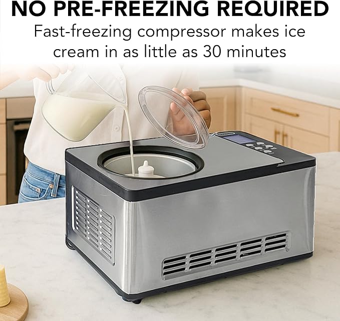 Whynter Ice Cream Maker Machine Automatic 2.1 Qt. with Built-In Compressor, LCD Digital Display & Timer, No Pre-Freezing, ICM-200LS, Stainless Steel