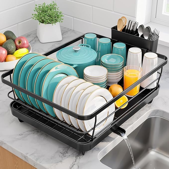 Sakugi Stainless Steel Dish Drying Rack for Kitchen Counter, Sink Organization and Storage Essentials with Silverware & Utensil Holder, Home and Apartment Decor, 12''W x 15.5''L, Black