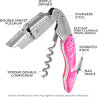 WineOp Professional Wine Opener Luxury Double Hinged Waiter's Corkscrew Wine Bottle Key - Cork screwer for Servers, Bartenders, Sommelier and Home Use | All-In-One Stainless Steel (Pink Resin)