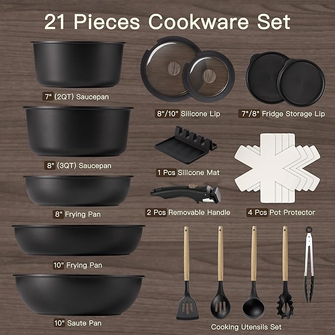 Astercook Non Stick RV Pots and Pans Ceramic Kitchen Cookware Set with Detachable/Removable Handle, Oven Safe, Induction Ready, Stackable, Black, 21 pcs