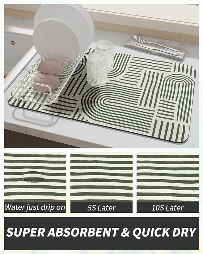 AMOAMI Coffee Mat Hide Stain Rubber Backed Absorbent Dish Drying Mat for Kitchen Counter - Fits Under Coffee Maker or Machine - Green Line 16x24