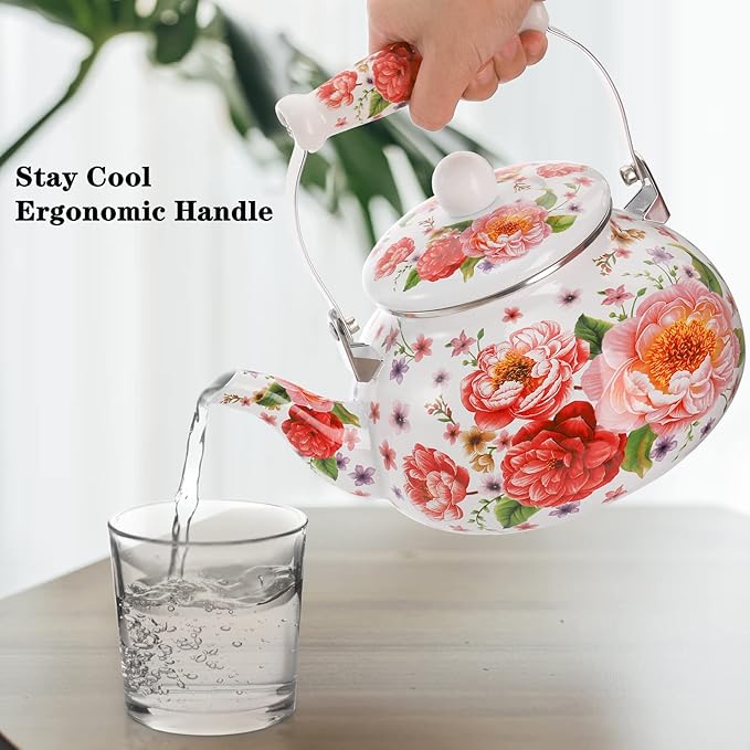 DEAYOU 2.6 Quart Enamel Tea Kettle Stovetop, Large Porcelain Enameled Teakettle, 2.5L Vintage Tea Pot with Ceramic Cool Handle, Colorful Floral Steel Teapot for Hot Water, Retro Decor, No Whistling