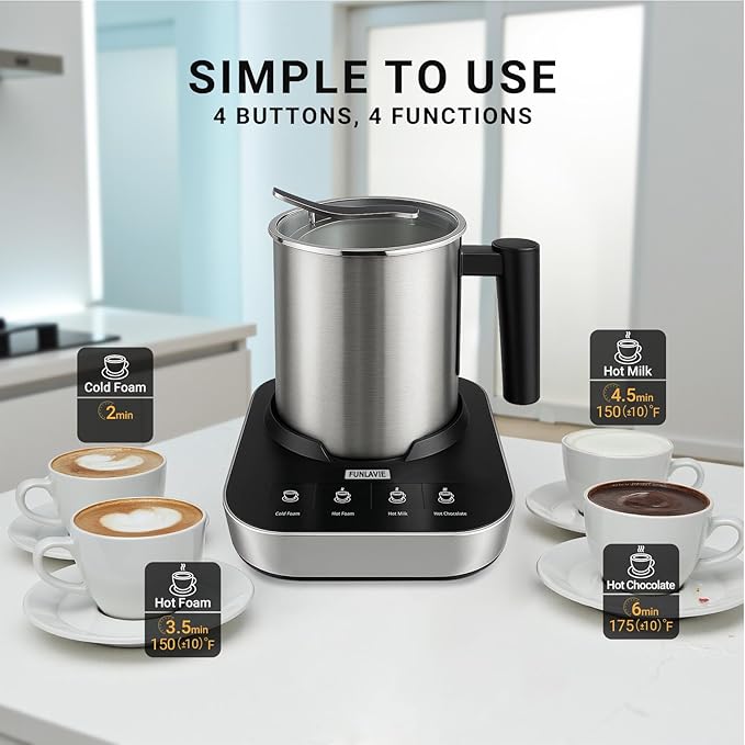 4-in-1 Electric Milk Frother and Steamer, Large 13.5oz Stainless Steel Pitcher, Hot & Cold Foam Maker and Milk Warmer for Lattes, Cappuccinos, Macchiato,Hot Chocolate, Dishwasher Safe