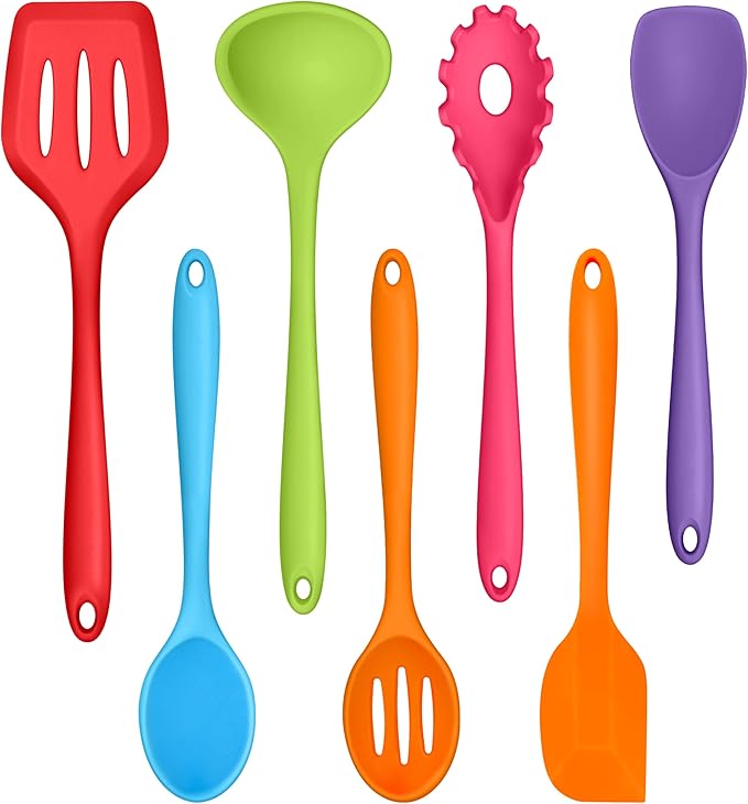 TeamFar Silicone Kitchen Utensils, 7-Piece Kitchen Cooking Utensil Set with Turner Spoon Spatula Ladle, Perfect for Baking Cooking Mixing, Heat-Resistant & Non-Toxic, Dishwasher Safe & Multi Colored