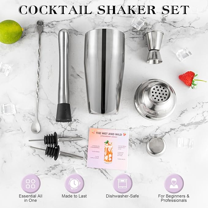Cocktail Shaker Set, 6-Piece 18/8 Food-Grade Stainless Steel Mixology Bartender Kit - Premium Bar Tools with Muddler, Jigger, Spoon & Pourers - Rust-Proof, Leak-Proof & Dishwasher Safe Gift for Men