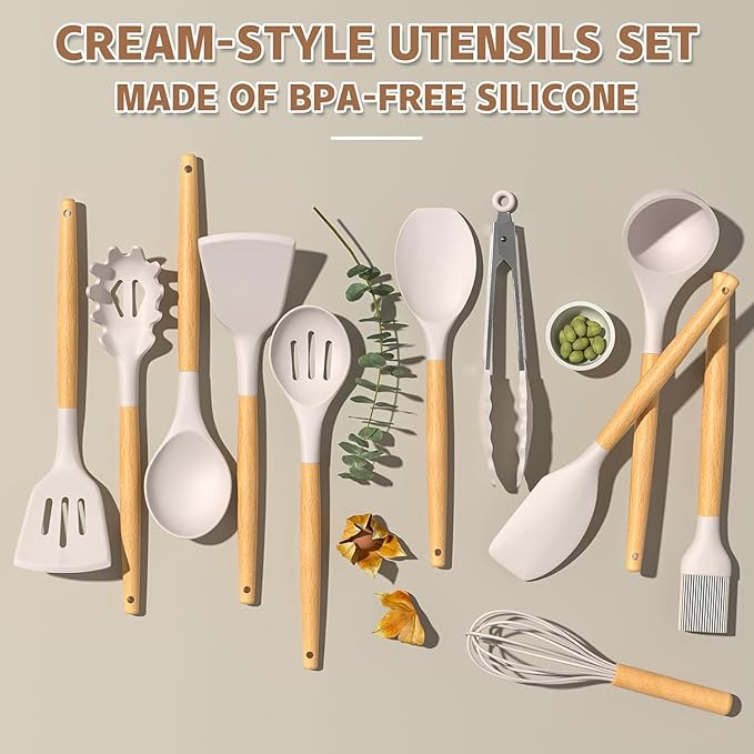 Umite Chef Kitchen Cooking Utensils Set, 33 pcs Non-Stick Silicone Cooking Kitchen Utensils Spatula Set with Holder, Wooden Handle Silicone Kitchen Gadgets Utensil Set (Khaki)