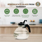 Borosilicate Glass Stove Top Whistling Tea Kettle - 12 Cup/48oz Capacity - BPA-Free - German Made Glass Kettle for Gas, Electric, and Glass Ranges