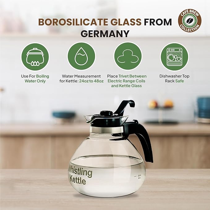 Borosilicate Glass Stove Top Whistling Tea Kettle - 12 Cup/48oz Capacity - BPA-Free - German Made Glass Kettle for Gas, Electric, and Glass Ranges