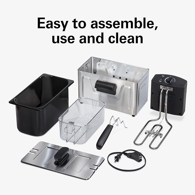 Hamilton Beach 35032 Professional Style Electric Deep Fryer, Frying Basket with Hooks, 1500 Watts, 3 Liters, Stainless Steel