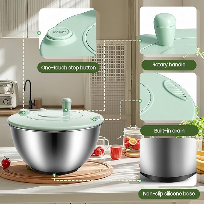 Stainless Steel Salad Spinner 3-in-1, One-Touch Stop and Non-Slip Base, Vegetable Dryer for Kitchens, Parties, and Health-Conscious People, 5.3 Qt