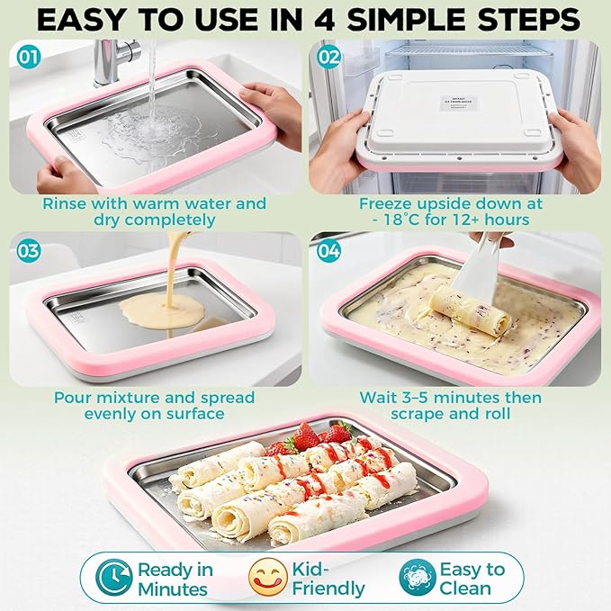 Rolled Ice Cream Maker with Quick Start Guide - DIY Instant Ice Cream Tray Kit, Includes 2 Scrapers for Manual Homemade Ice Cream Rolls, Frozen Yogurt, Sorbets & Slushies, No Electricity Needed（pink）