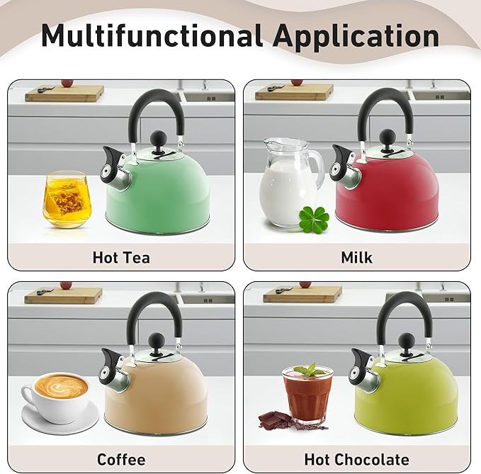 Lily's Home 2 Quart Stainless Steel Whistling Tea Kettle, the Perfect Stovetop Tea and Water Boilers for Your Home, Dorm, Condo or Apartment. (Pastel Red)