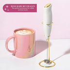 Paris Hilton Electric Handheld Milk Frother with Double Coil Head Whisk and Gold Metal Stand, Battery Powered (2 AA Batteries Required but Not Included), White