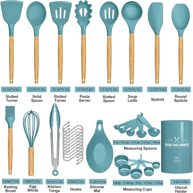Umite Chef Kitchen Cooking Utensils Set, 33 pcs Non-stick Silicone Utensils Spatula Set with Holder, Silicone Kitchen Gadgets Utensil Set(Dark Blue)