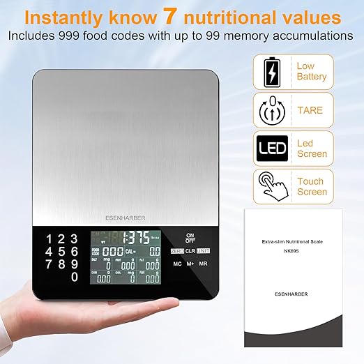 Food Scale with Nutritional Calculator, Calorie Scale, Kitchen Scales Digital Weight Grams and Ounces, for Meal Prep, and Weight Loss, Units in Lbs, Grams, Ounces, Batteries Included