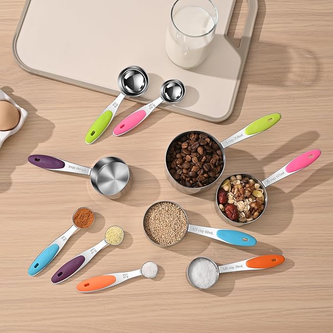 Measuring Cups and Spoons Set 304 Stainless Steel Measuring Spoons Liquid Measuring Cups, Metric and US Measurements, Stackable Cups and Spoons, Fits for Measuring Dry and Liquid Ingredients