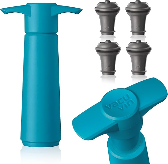 Vacu Vin Wine Saver Pump Blue with Vacuum Wine Stopper - Keep Your Wine Fresh for up to 10 Days - 1 Pump 4 Stoppers - Reusable - Made in the Netherlands