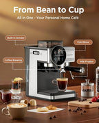 Spacekey Espresso Machine with Grinder - 20 Bar All-in-One Coffee Maker with Milk Steam Wand/Frother, Cold Brew, 30 Grind Settings, 60oz Removable Tank - Home Barista Kit for Lattes, Cappuccinos