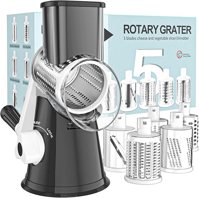 Cambom 5 in 1 Rotary Cheese Grater Hand Crank Cheese Shredder for Fresh Cheese, Vegetable, Nuts,Non-slip Suction Base, Black