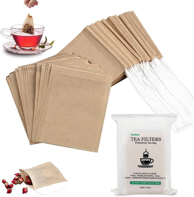 100Pcs Disposable Tea Bags for Loose Leaf Tea, 100% Natural Wood Pulp Paper Material, Empty Unbleached Filter Bags with Drawstring