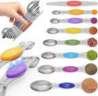 Magnetic Measuring Spoons Set of 8 - Heavy Duty 304 Stainless Steel, Triple Measurement Markings, Strong N52 Magnets, Easy to Clean, Space-Saving with Leveler Included (Colorful)