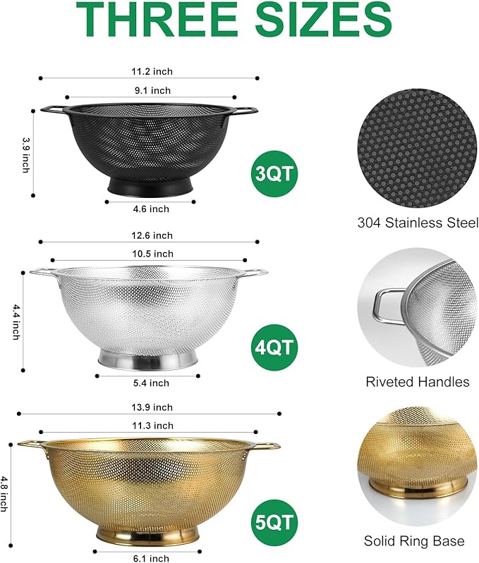 3PCS Three Colors Mix Colander Set, 3QT Black & 4QT Silver & 5QT Gold, Stainless Steel Pasta Strainer with Handle for Prepping Washing Draining Storing Food, Dishwasher Safe