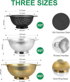 3PCS Three Colors Mix Colander Set, 3QT Black & 4QT Silver & 5QT Gold, Stainless Steel Pasta Strainer with Handle for Prepping Washing Draining Storing Food, Dishwasher Safe
