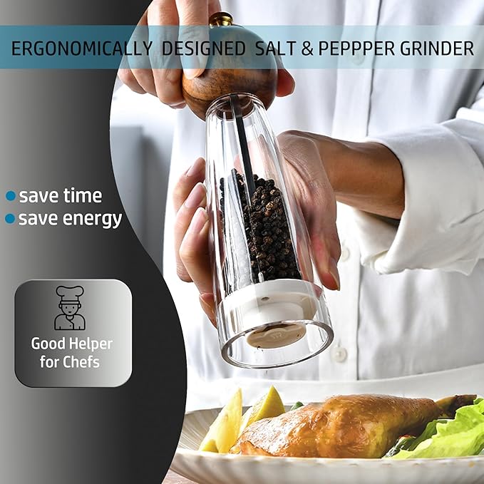 Salt and Pepper Grinder Set, Pepper Mills Classic Manual Transparent Acrylic Rotor, 2PCS 8IN Large Capacity Pepper & Salt Grinder Seasoning Bottle, Ceramic Core Adjustable Coarseness for Fresh Spices