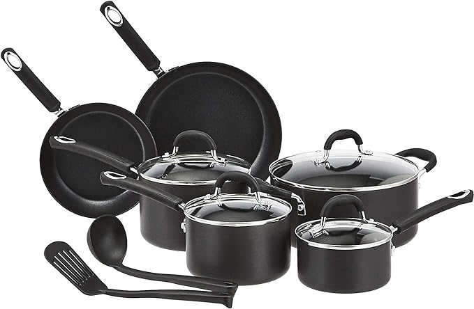 Amazon Basics Hard Anodized Non-Stick 12-Piece Cookware Set, Pots, Pans and Utensils, Black
