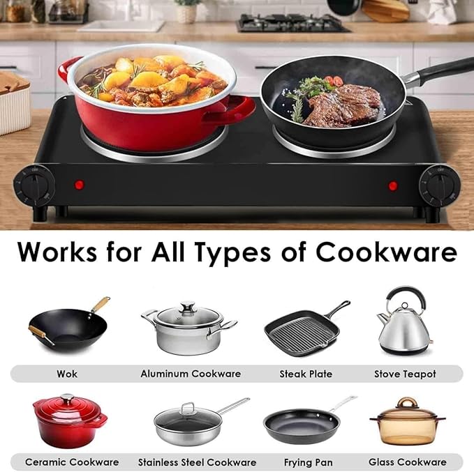 1800W Dual Infrared Burner Electric Hot Plate, High Power for Fast Cooking, 7 Inch Ceramic Glass Portable Electric Stove with Adjustable Temperature Control, Upgraded Version