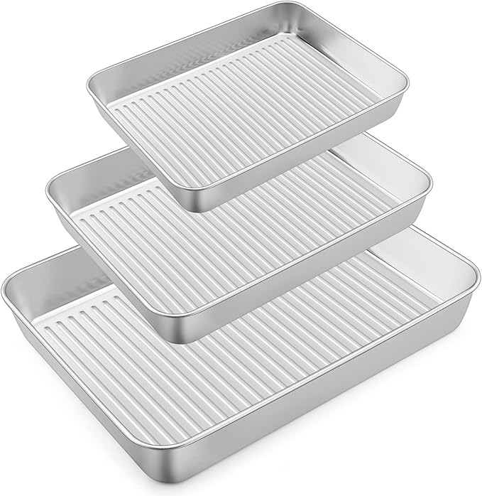 Baking Pans Set of 3, E-far Stainless Steel Sheet Cake Pan for Oven - 12.5/10.5/9.4Inch, Rectangle Textured Pan Tray Set for Lasagna Brownie Casserole Cookie, Non-toxic & Healthy, Dishwasher Safe
