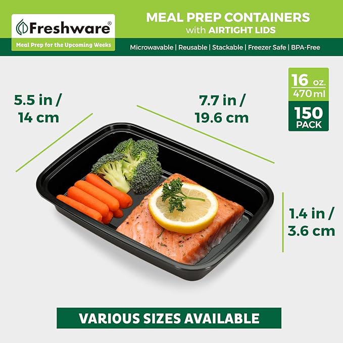 Freshware Meal Prep Containers [150 Pack] 1 Compartment with Lids, Food Storage Containers, Bento Box, BPA Free, Stackable, Microwave/Dishwasher/Freezer Safe (16 oz),Black