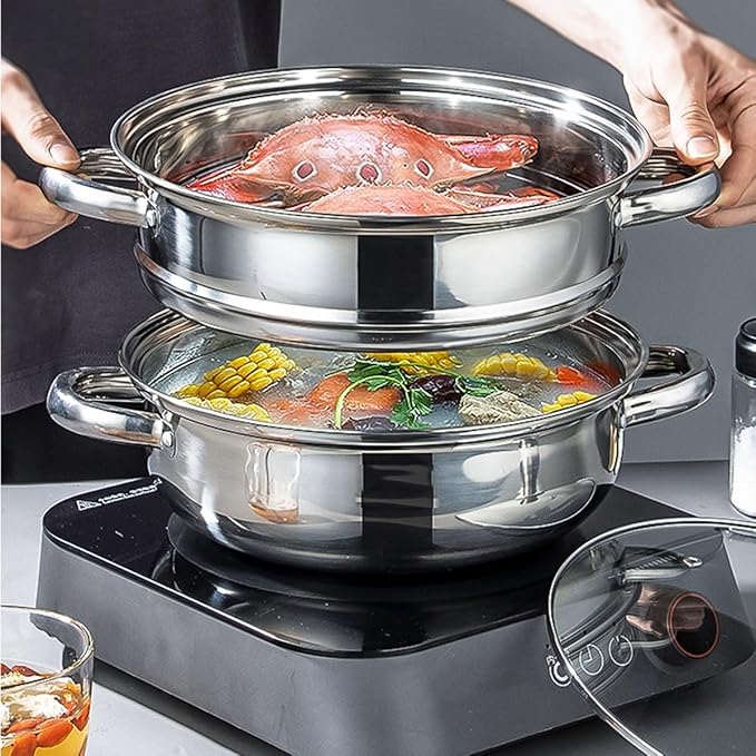 Steamer Pot for Cooking 11-inch Steam Pots with Lid, Multipurpose Steam Pot Stainless Steel Steaming Pot Cookware with Handle for Vegetable, Stews, Pasta, Dumpling, Sauce, Food (3 Tier)