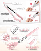 Spaghetti Spoon and Pasta Tong, Non-stick Silicone Spoon Server Fork With Teeth and Stainless Steel Handle, Food Clip for Noodles, Pink