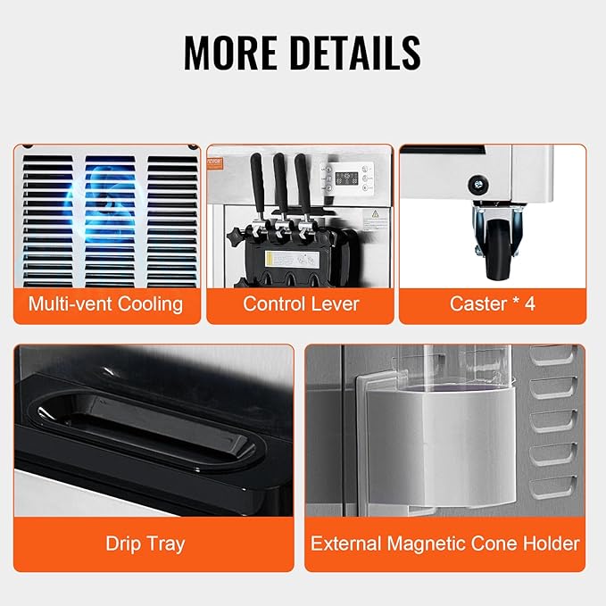 VEVOR 1850W Commercial Soft Ice Cream Machine 3 Flavors 5.5 to 8.2Gallon per Hour PreCooling at Night Auto Clean LCDPanel for Restaurants Snack Bar, Sliver