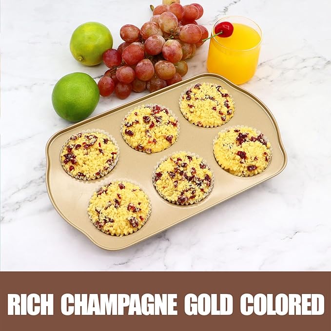 Jumbo Muffin Pan 2 Pack, Nonstick Large Cupcake Pan 6 Cup, Heavy Duty 0.5mm Thick Steel Big Muffin Tins for Baking, 3.5inch Dia, Gold