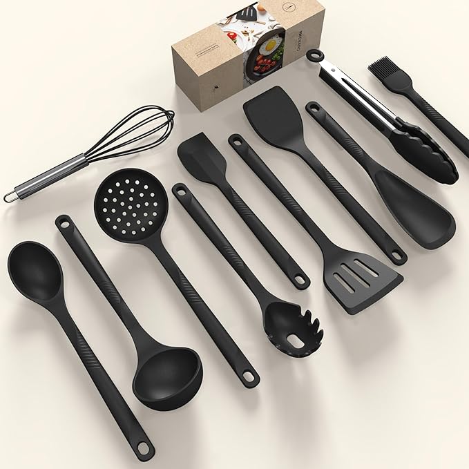 Silicone Cooking Utensils Set - 600°F Heat Resistant, Nonstick Kitchen Utensil Set with Spatulas, Spoons, Whisk, Tongs, BPA Free, Dishwasher Safe, Black