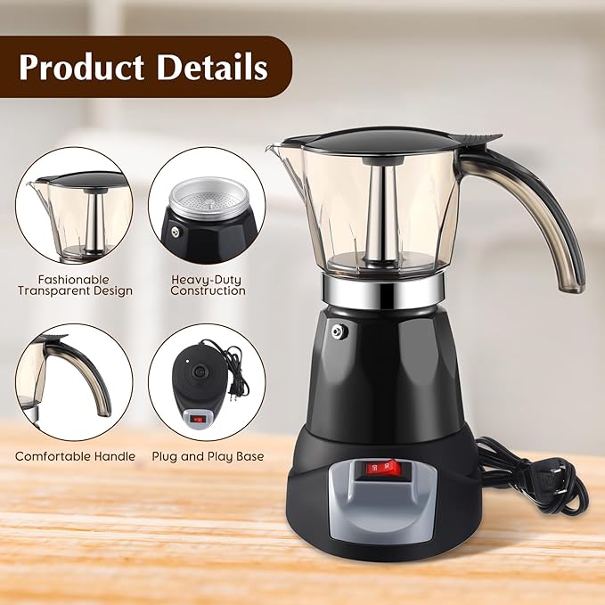 Electric Espresso Maker Transparent Coffee Maker Electric Moka Pot Portable Aluminum Espresso Machine Italian Moka Pot with Detachable Base, Coffee Gift for Women Men Home Travel(Black,6 Cup)