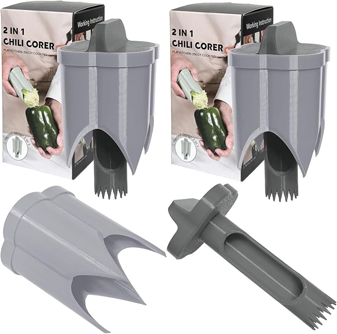 Pepper Corer, 2 in 1 Red Bell Pepper Seed Corer Remover Tool, Fruit & Vegetable Corers Quick Cave Tools for Jalapeno Cutter Deseeder, Gray 2 PCS