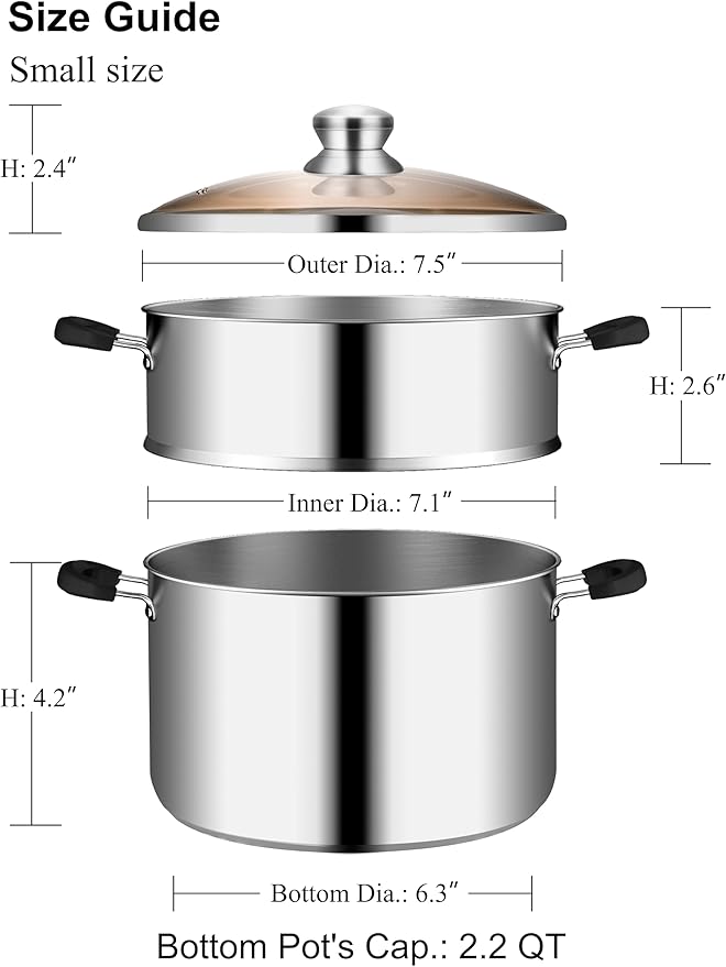 VENTION 7.1 Inch Small Vegetable Steamer Pot, 2.1 QT Induction Stainless Steel Steamer for Cooking, Steam Pot(18cm)