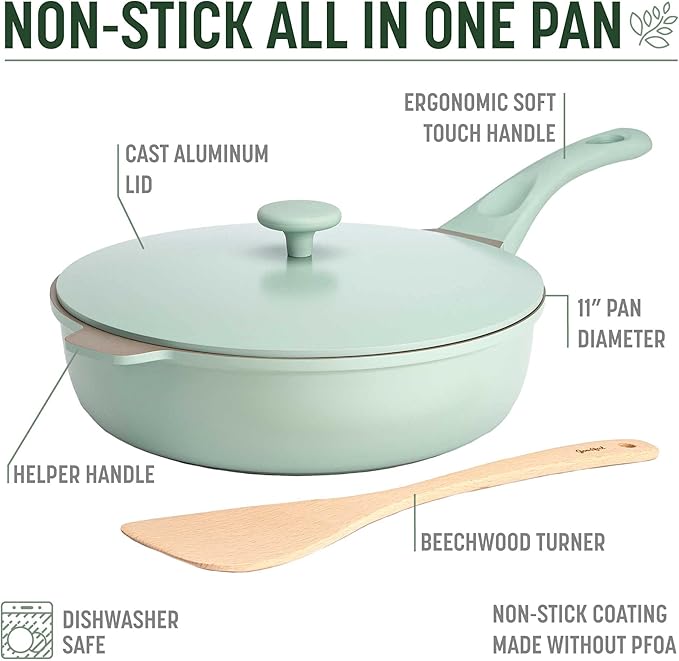 Goodful All-in-One Pan, Multilayer Nonstick, High-Performance Cast Construction, Multipurpose Design Replaces Multiple Pots and Pans, Dishwasher Safe Cookware, 11-Inch, 4.4-Quart Capacity, Sage Green