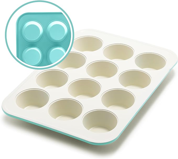 GreenLife 12-Cup Muffin Pan,PFAS-Free Healthy Nonstick Baking Tray,11.4" x 1.9" x 15.9",Durable Ceramic Bakeware,Cupcakes,Egg Bites,Tarts,Brownies,Turquoise,(Pack of 6)