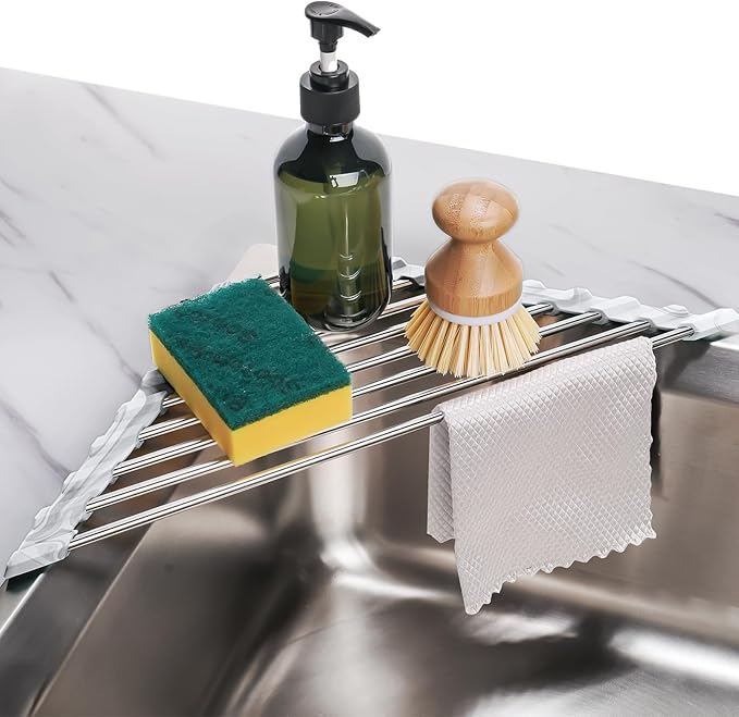 Tomorotec Marble Triangle Roll-Up Dish Drying Rack for Sink Corner - Small, Foldable, Stainless Steel, Multipurpose Kitchen Drainer Caddy, Trivet, Rustproof Organizer, Storage Shelf