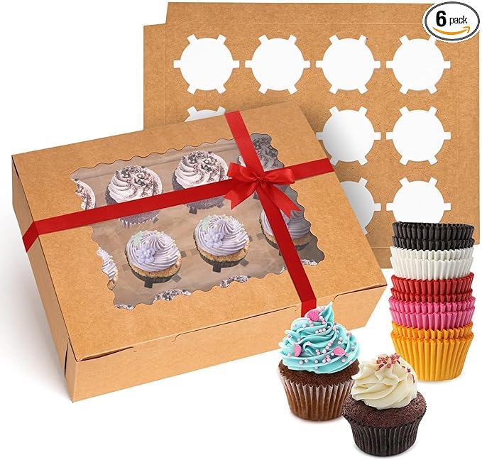 Rarapop 6 Pack Cupcake Boxes Hold 12 Standard Cupcakes, Food Grade Cupcake Holders Bakery Carrier Boxes with Windows and Inserts for Cupcakes, Muffins and Pastries