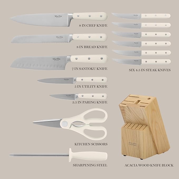 MARTHA STEWART Eastwalk 14 Piece High Carbon Stainless Steel Cutlery Kitchen Knife Block Set w/ABS Triple Riveted Forged Handle Acacia Wood Block - Linen White