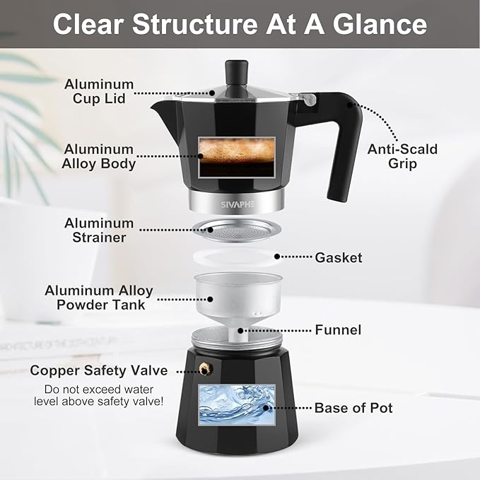 Sivaphe Aluminum Moka Pot 6 Espresso Cups, Percolator Espresso and Coffee Maker, Portable Stovetop Italian and Cuban Café Brewer for Home and Camping Black